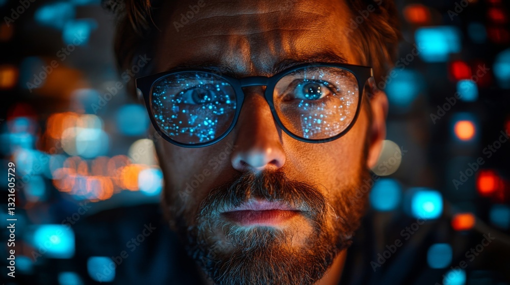 Aufkleber A researcher examines quantum computing concepts, such as qubits, superposition, and entanglement, in a dimly lit workspace filled with digital elements and data visualizations.