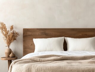 simple cozy Bed Setup in a Simple Bedroom, neatly made bed against a plain wall