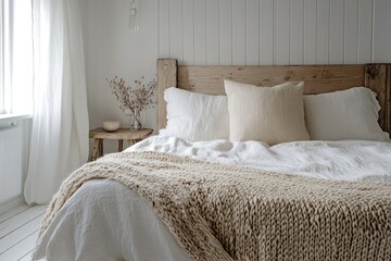 A serene Swedish cottage bedroom with pale wood, white linens, and a knitted throw