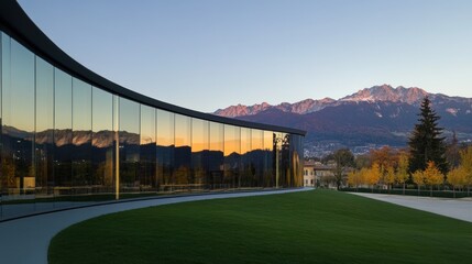 Fototapeta premium Striking Architectural Design Reflecting Mountain Majesty at Sunset Time