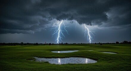 Dramatic lightning strikes illuminate a stormy sky over a lush green golf course at dusk - heavy rain sky raining sky