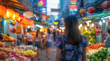 Woman walking Asian market night street scene