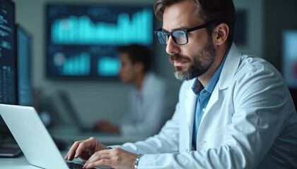 Bearded doctor types on laptop. Clinical data manager works on medical trends in digital health tech. He analyzes patient record, does statistical research, interprets info for insight.