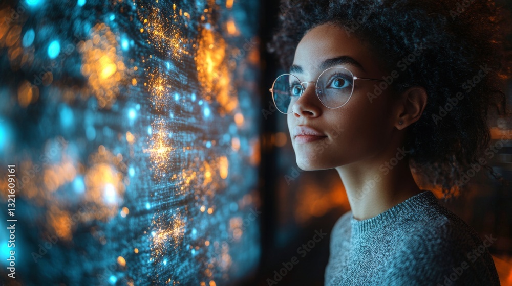 Poster A young person observes a vibrant projection of quantum concepts like superposition and entanglement, reflecting on their significance in data optimization.