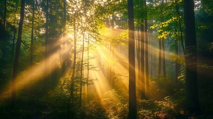 Obraz premium Sunlight Shining Through Forest Trees Creating Golden Rays of Light