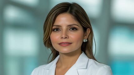 A confident healthcare professional with long, wavy hair stands in a bright, modern medical facility. Wearing a white coat, she exudes professionalism and warmth