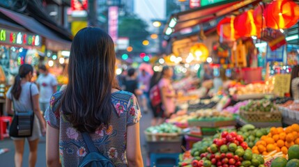 Woman walks through bustling Asian market, colorful produce stalls in background