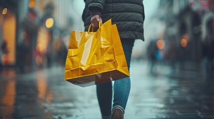 Woman walking with yellow shopping bag on rainy city street