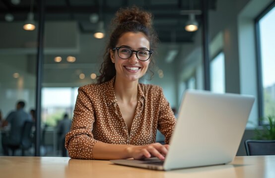 Young hispanic woman works in modern office. Businesswoman smiles looking at camera using laptop computer. Female professional types on keyboard, works on project, sits at desk. Manager leader