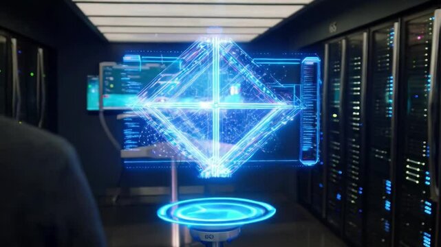 A high-tech server room filled with glowing 6G data streams. The camera zooms into a holographic display where AI-driven algorithms analyze massive amounts of data in real-time. 4k video footage - Powered by Adobe