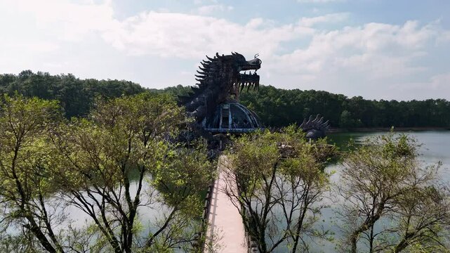 Drone on Thuy Tien Lake, Waterpark in Hue, Vietnam, flying over