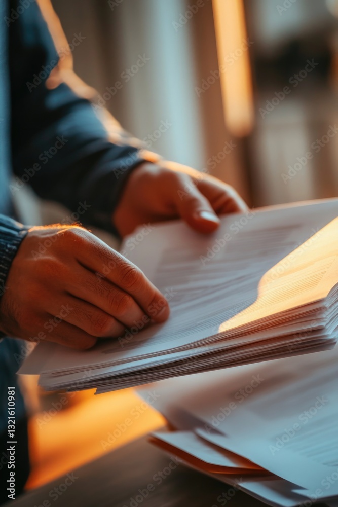 Poster a person sits at a table with a stack of papers, ready to work or study