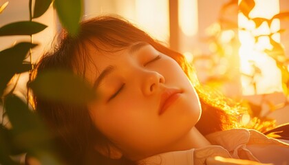 Sleepy girl amidst plants, golden light