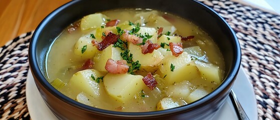 Delicious Homemade Leek and Potato Soup with Crispy Bacon, Fresh Ingredients Concept for Healthy Comfort Food Recipe Presentation