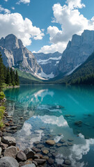 Serene Morskie Oko Lake in the Polish Tatra Mountains, isolated on transparent background for travel promotions and nature-themed materials.