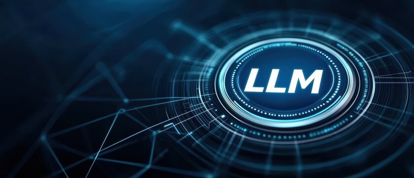 LLM, AI large language model. Futuristic digital representation of LLM technology with a blue background and abstract network design.