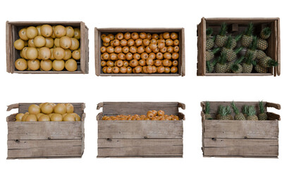 Wooden crates filled with assorted fruits in a market