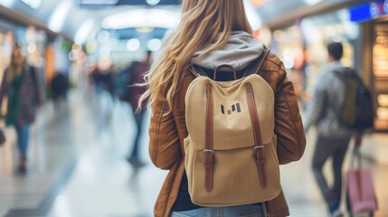 Woman with backpack walking in busy mall