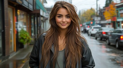Fototapeta premium A young woman stands confidently in an urban setting on a rainy day. With long hair and a friendly smile, she contrasts the wet pavement and colorful storefronts nearby