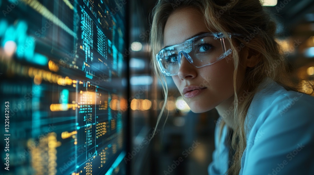 Leinwandbilder A scientist wearing protective glasses examines quantum data on a digital display. The environment is well-lit, highlighting intricate information related to qubits and entanglement.