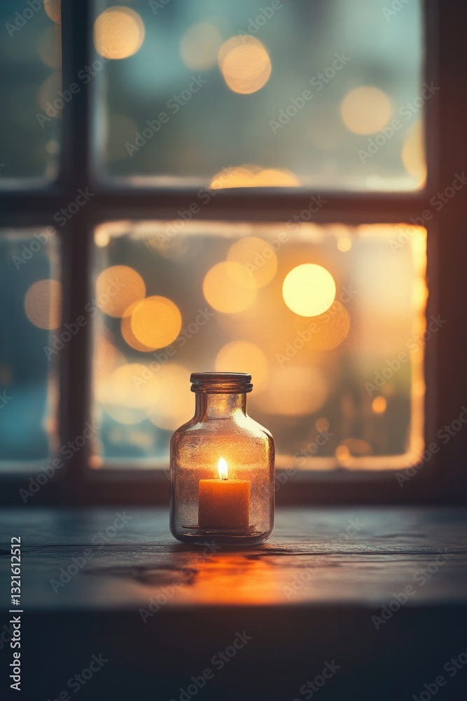 Poster a single lit candle sits on a table in front of a window, providing warm light