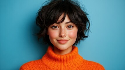 Fototapeta premium A young woman with short, dark hair and a warm smile stands in front of a vibrant blue background. She wears a cozy orange sweater, exuding a cheerful atmosphere