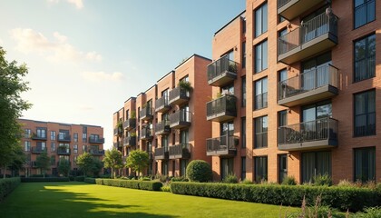 Modern block of flats in green area. Residential apartment buildings exterior, house complex. Part of city real estate property, condo architecture. New home construction concept. Balconies, blue sky.