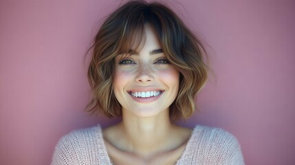 Fototapeta premium A woman with short, tousled hair smiles warmly. She wears a light sweater and stands in front of a soft pink wall, illuminated by natural sunlight, creating a cheerful atmosphere
