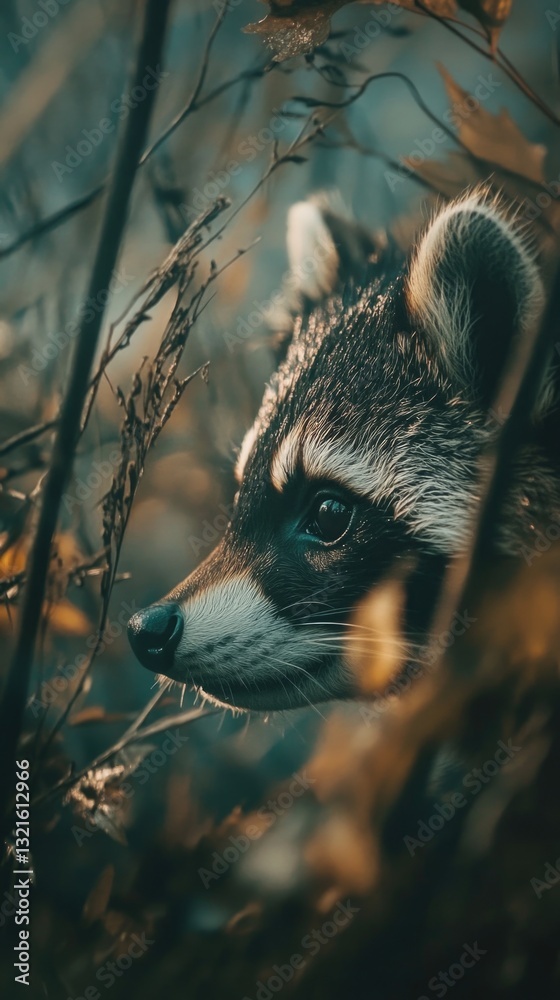 Poster A close-up view of a raccoon's face peeking out from a bush, with its distinctive markings and a curious expression