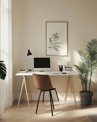 Minimalist Living, a Scandinavian-inspired workspace with a sleek desk, ergonomic chair, and a single potted plant for a touch of nature 