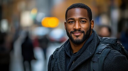 Fototapeta premium A confident young man with a beard stands smiling against a blurred urban background. He wears a black coat and a backpack, showcasing a vibrant city atmosphere