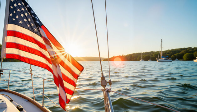 American flag waving on sailboat at sunrise, patriotic serenity