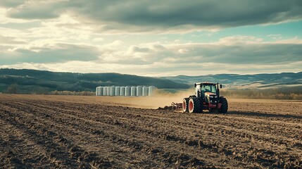 Obraz premium Tractor Plowing Field Under Cloudy Sky for Agriculture and Farming