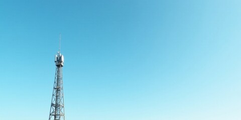 Obraz premium Tall communication tower against a vibrant azure sky, a minimalist view of modern telecommunications infrastructure