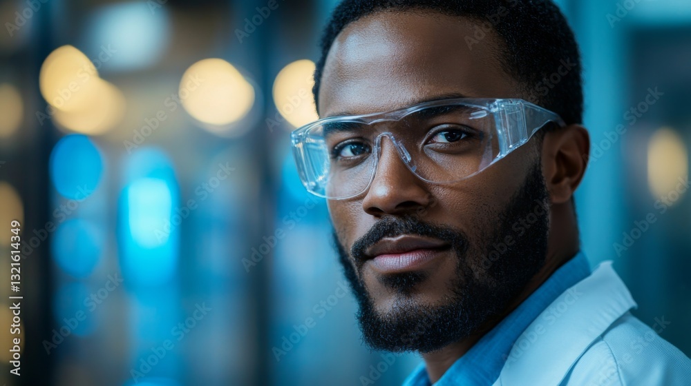 Poster A scientist is focused on quantum mechanics, exploring principles such as qubits, superposition, and entanglement. The lab is filled with advanced equipment and glowing technology.