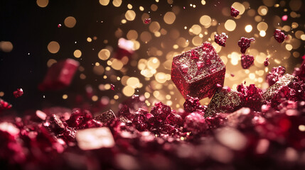 Crimson crystal fragments shimmering with a gold-flecked surface, suspended mid-air against a backdrop of blurred golden orbs.