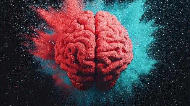 Vibrant conceptual image of a brain with colorful powder explosion representing creativity, imagination, and mental energy in a dynamic and abstract setting.