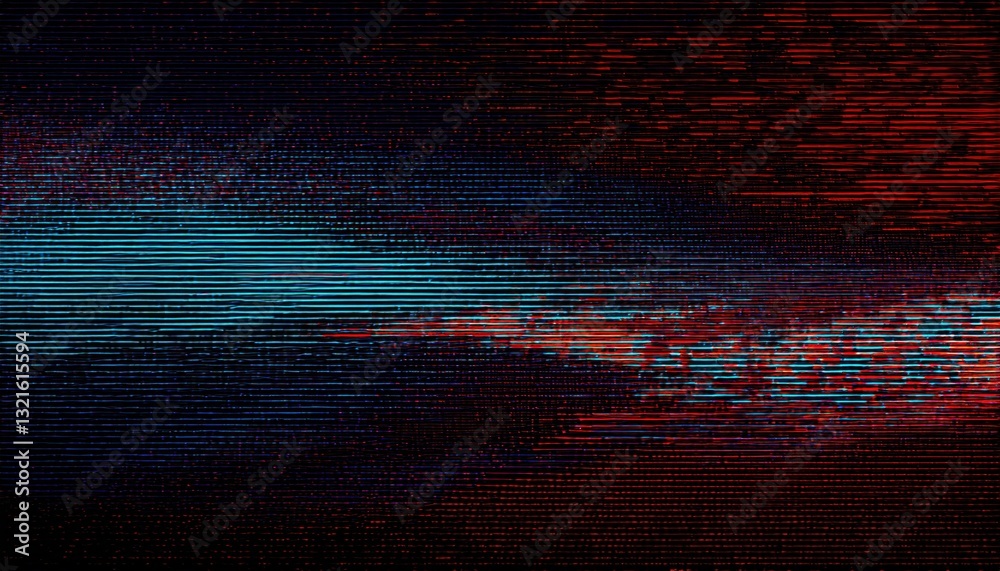 Poster glitched digital distortion with red and blue horizontal noise lines, futuristic cyberpunk aesthetic