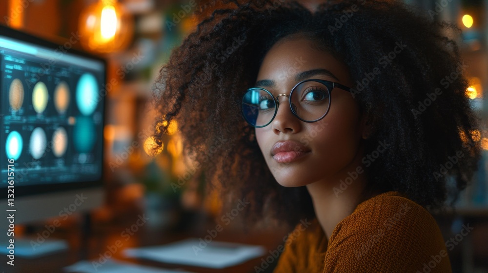 Poster A curly-haired person with glasses sits at a modern desk, intently focused on screens showing quantum computing concepts and algorithms, fostering innovation.