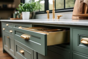 A sleek kitchen featuring a green cabinetry with golden drawer pulls and a marble countertop showcasing an open drawer for kitchenware