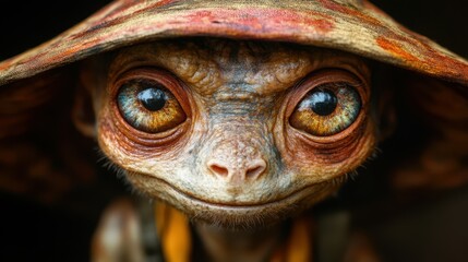 Obraz premium A whimsical creature with large, expressive eyes is adorned with a vibrant, patterned hat. The creature's features suggest a blend of innocence and wisdom in a fantastical environment