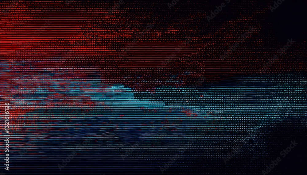 Poster glitched digital distortion with red and blue horizontal noise lines, futuristic cyberpunk aesthetic
