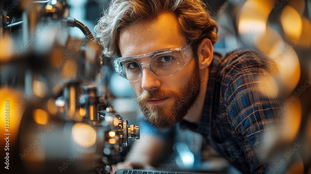 Poster a researcher investigates quantum phenomena in a sophisticated lab. he studies qubits, superposition
