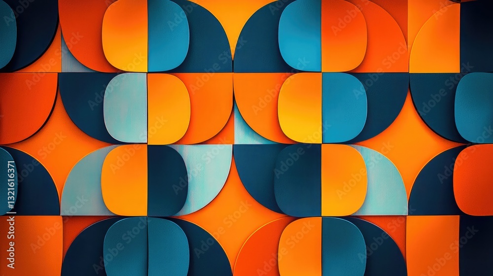 Poster a patterned background featuring orange and blue geometric shapes.