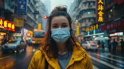 Young woman wearing a mask on a rainy city street