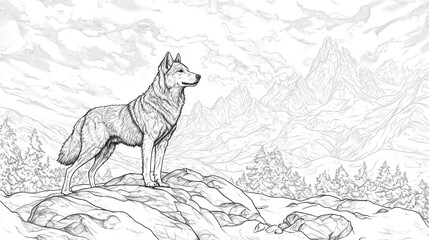 Fototapeta premium Majestic wolf on mountain peak, scenic background, nature art, coloring book page