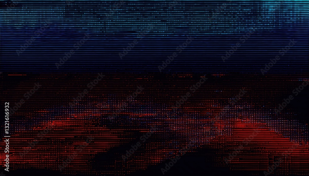 Poster glitched digital distortion with red and blue horizontal noise lines, futuristic cyberpunk aesthetic