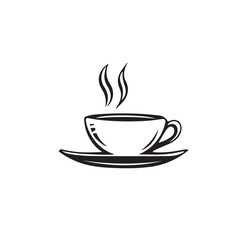 Obraz premium cup of hot coffee on saucer,black and white vector image,steam,logo 