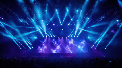 grand concert stage illuminated by vibrant blue and purple lights, creating electrifying