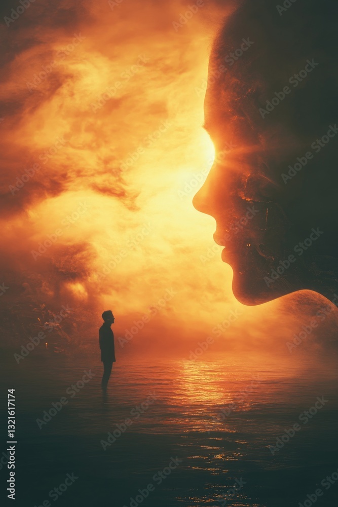 Poster a person wading in calm water as the sun sets behind them, creating a warm and peaceful atmosphere